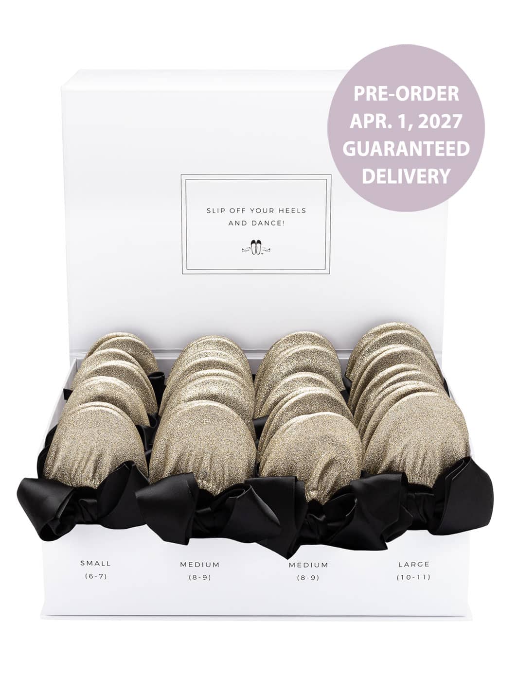 2027 April Pre-Order - 20 Pairs of Gold Glitter Rescue Flats (WHITE Display Box)